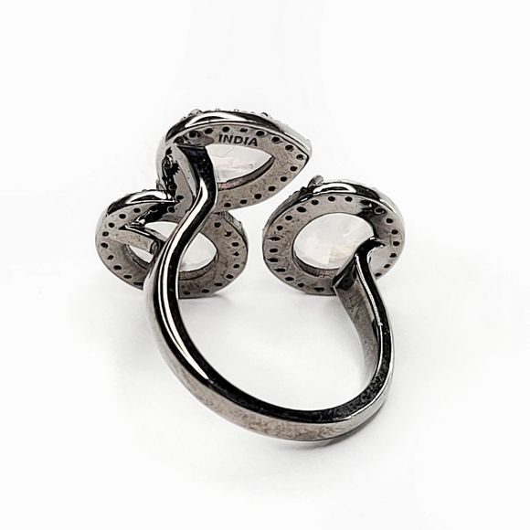 Triple Moonstone with Simulated Diamond Pave Bezel Adjustable Ring | 7½-11 - Picture 5 of 11